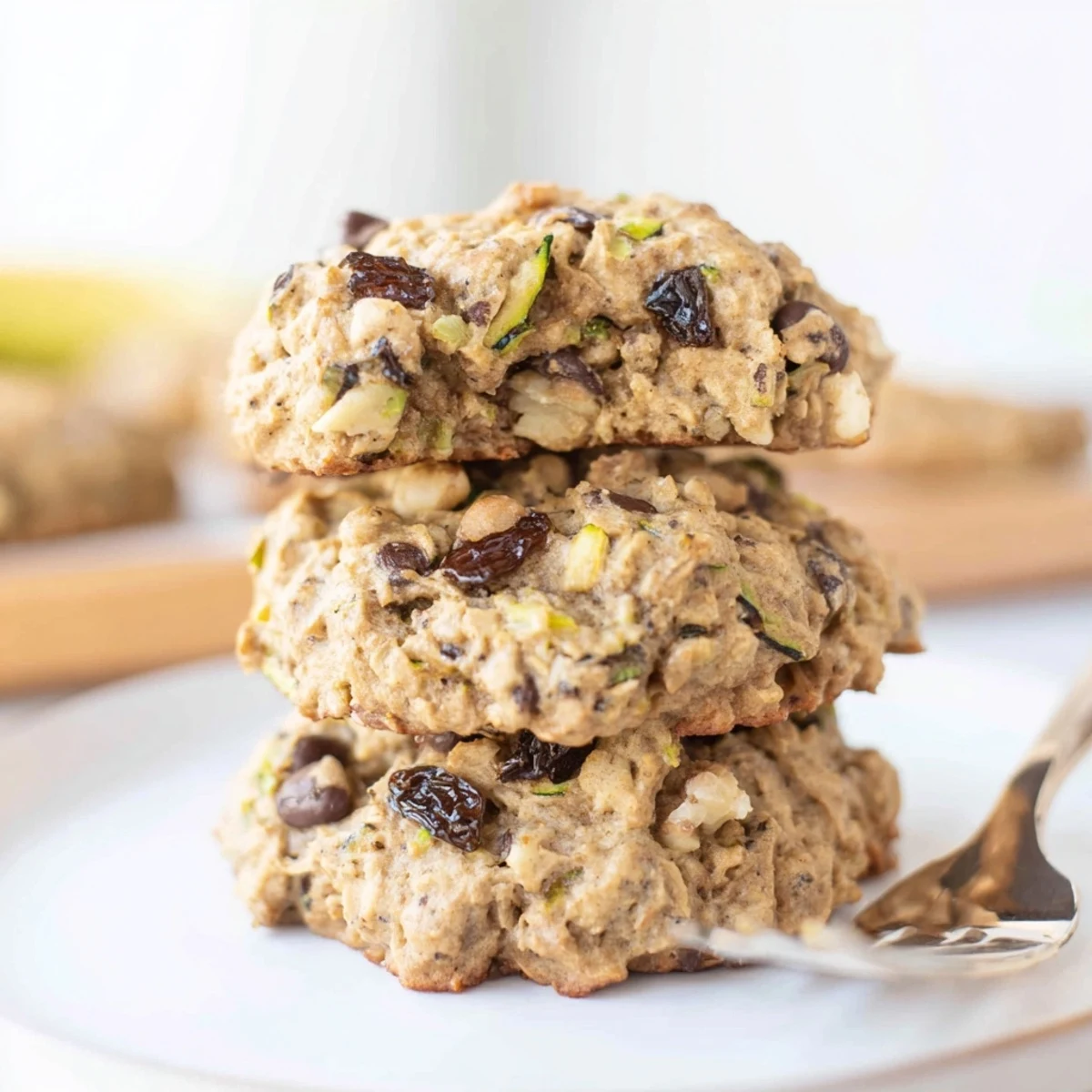 Golden brown zucchini bread breakfast cookies studded with walnuts and oats on a white plate