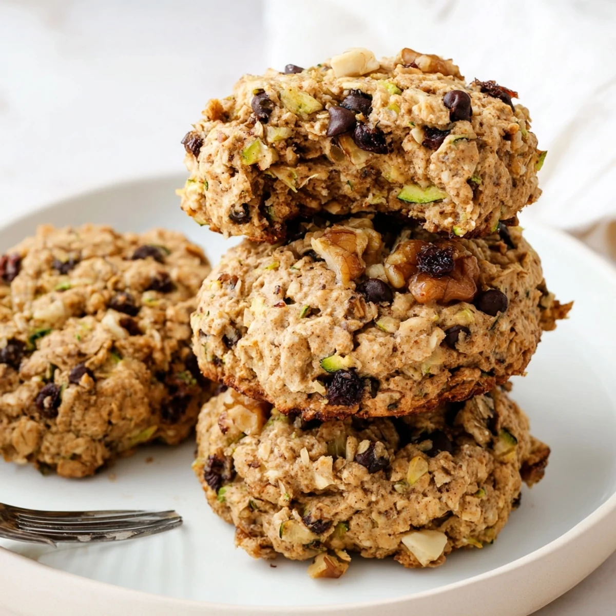 Warm stack of wholesome zucchini bread breakfast cookies topped with raisins and chopped walnuts