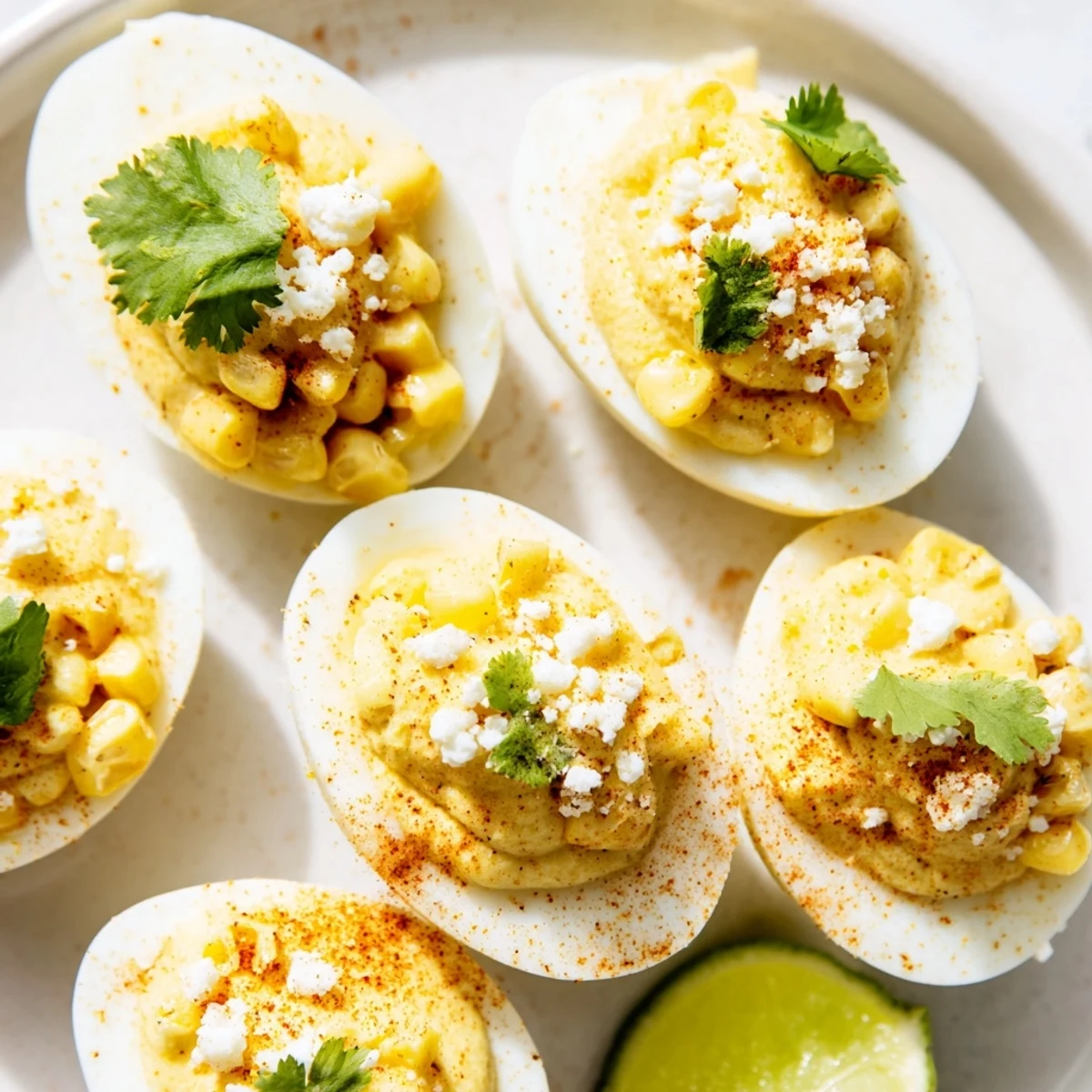 Golden Mexican street corn deviled eggs topped with crumbly cotija cheese and fresh cilantro on a white serving plate