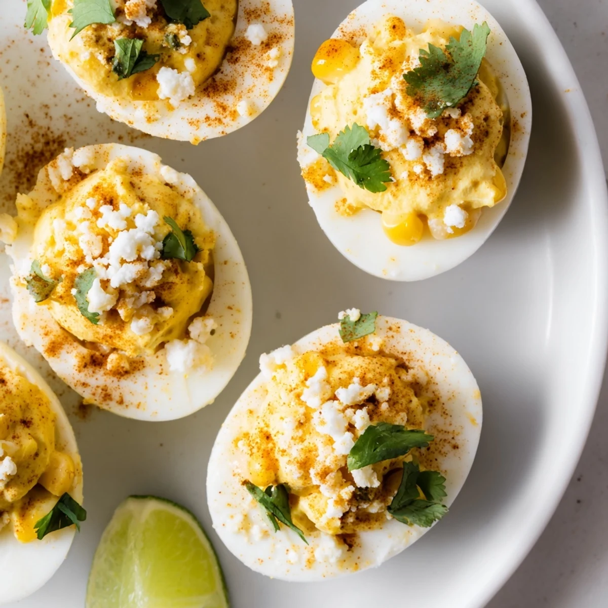 Creamy deviled egg appetizer loaded with sweet corn kernels and zesty Tajín seasoning garnish