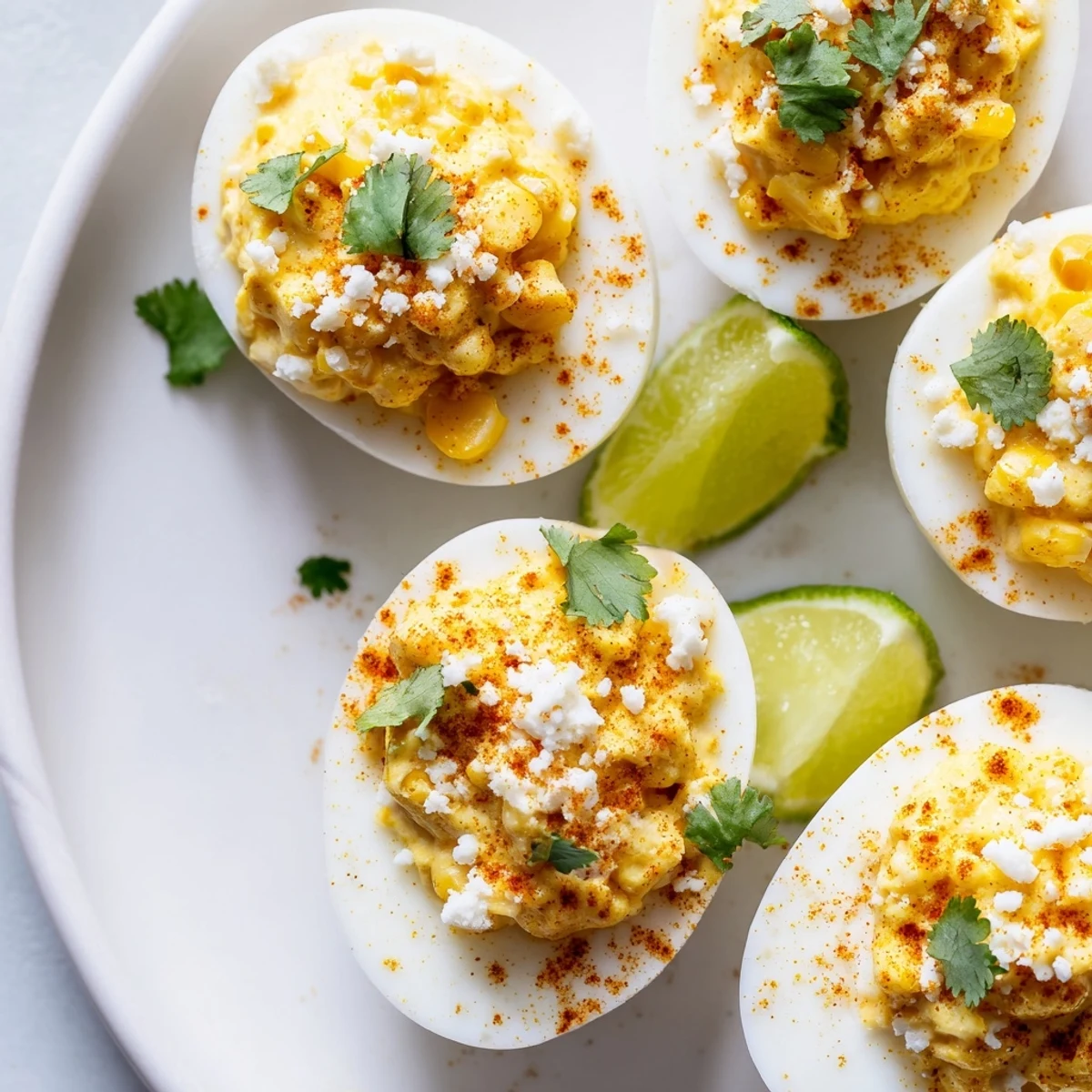 Fusion appetizer featuring smooth egg yolk filling mixed with charred corn and tangy lime wedges