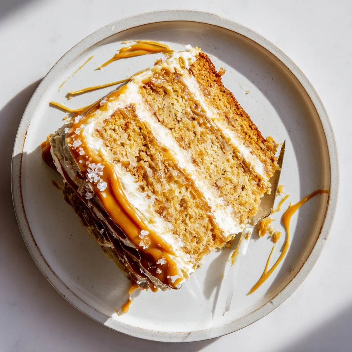 Homemade brown butter banana cake drizzled with golden salted caramel and finished with light sea salt sprinkling