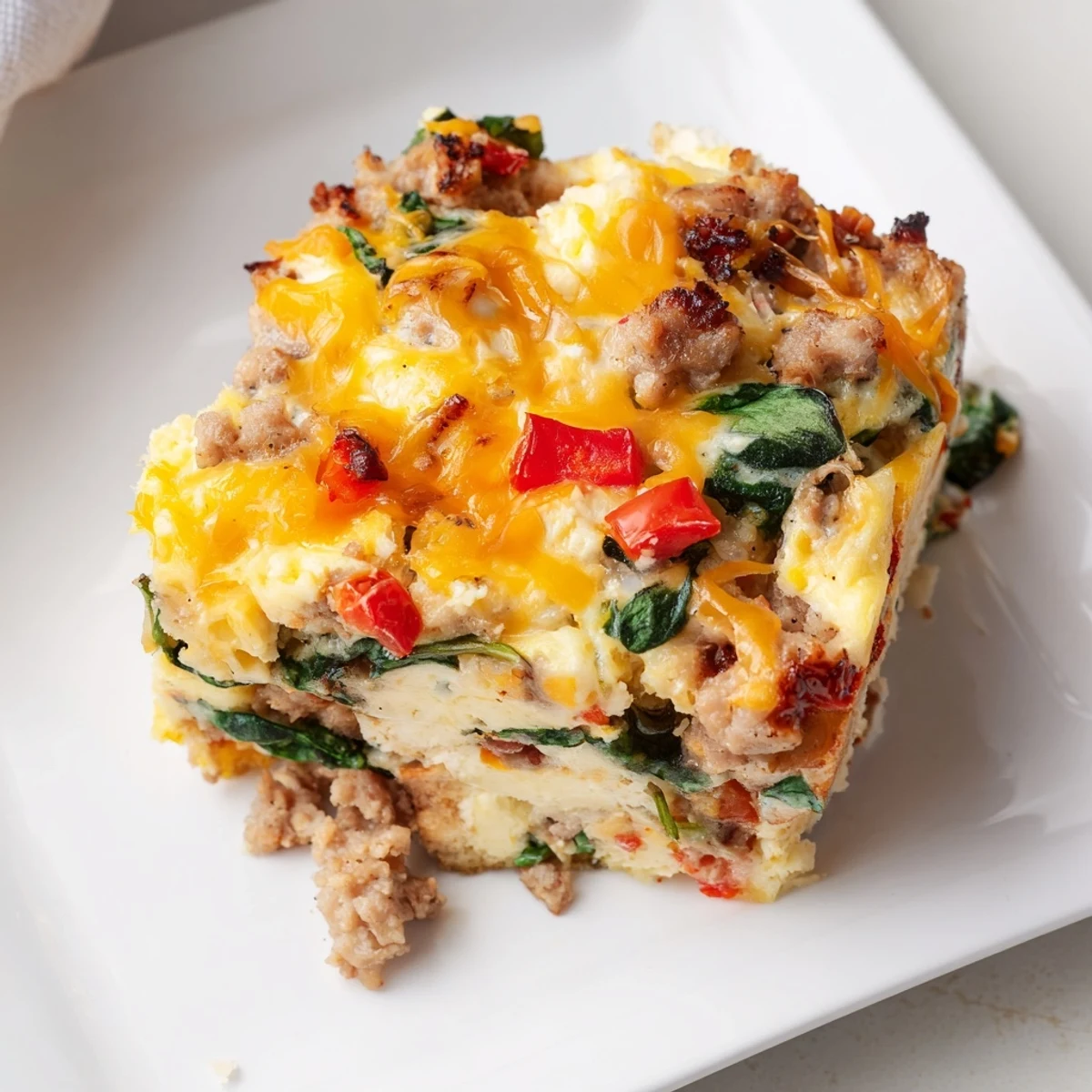 Golden high protein egg casserole with melted cheddar and colorful diced vegetables ready for breakfast meal prep