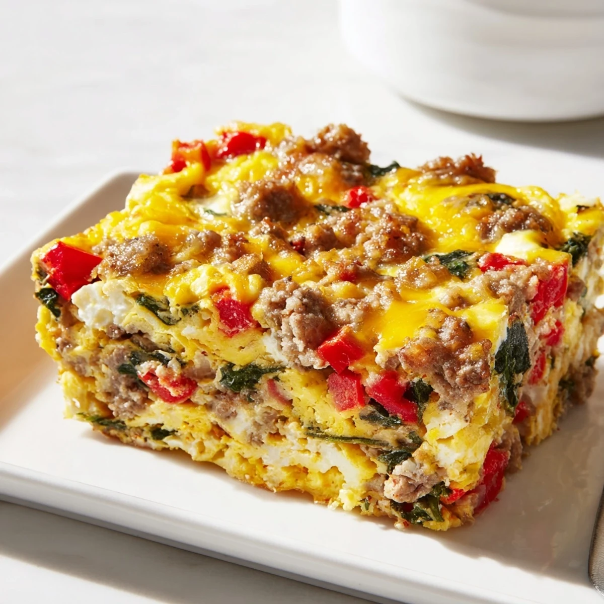 Warm high protein egg casserole topped with melted cheese and served with a side of fresh salsa