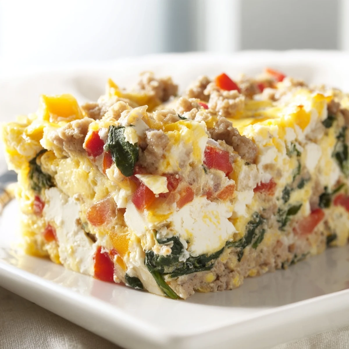 Sliced high protein egg casserole featuring fluffy eggs, turkey sausage, and vibrant spinach in a golden baked dish