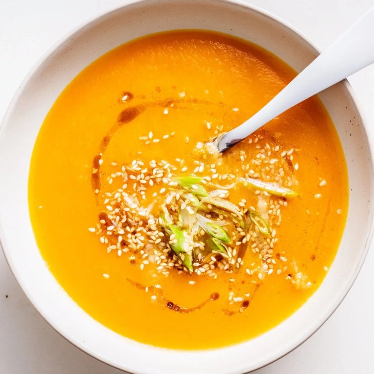 Vibrant orange Carrot Ginger Miso Soup Recipe in bowl, scallions sprinkled