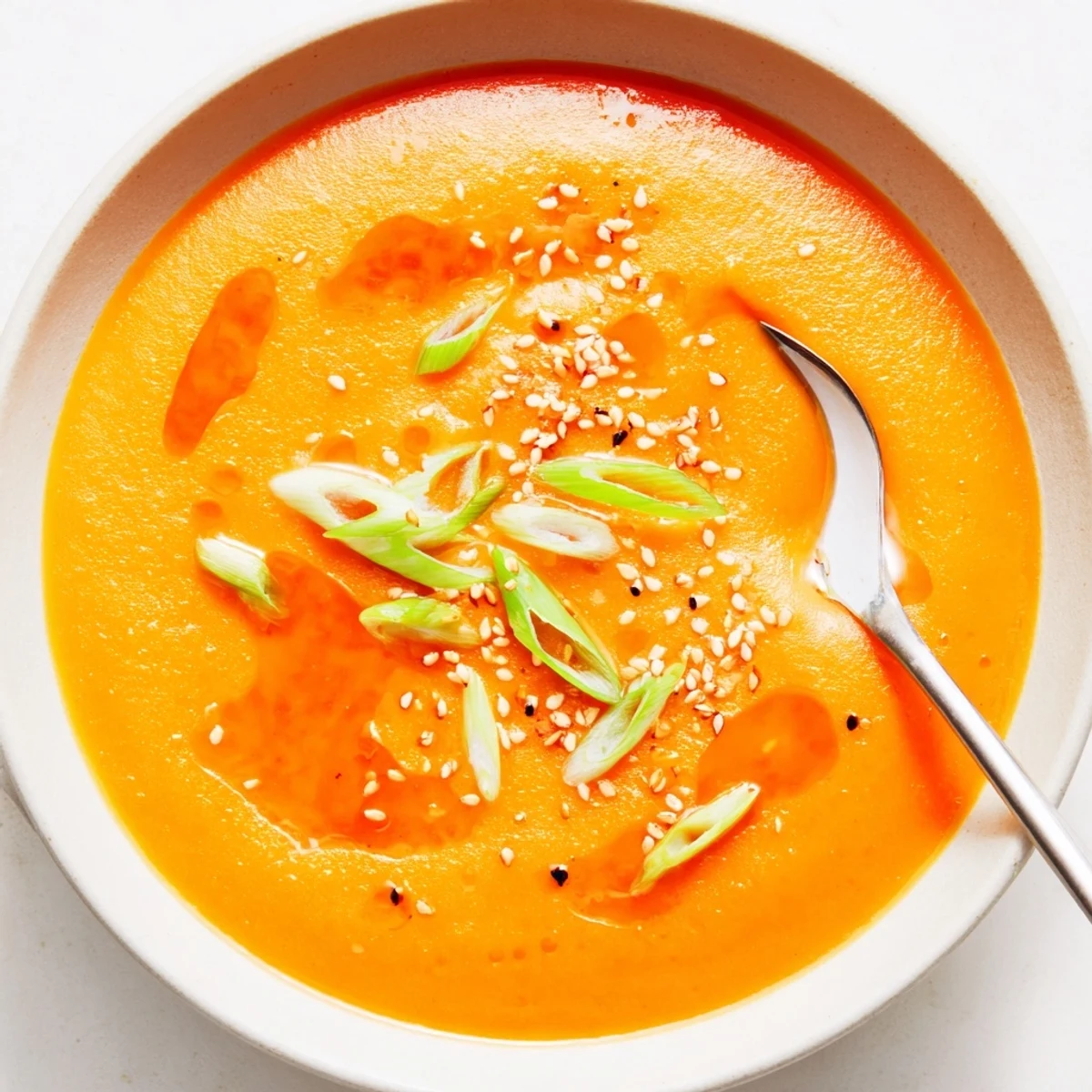 Steaming bowl of Carrot Ginger Miso Soup Recipe, silky smooth with ginger