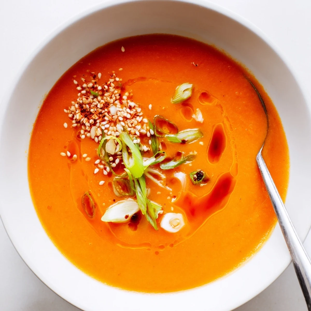 Creamy Carrot Ginger Miso Soup Recipe garnished with scallions, sesame, comforting aroma