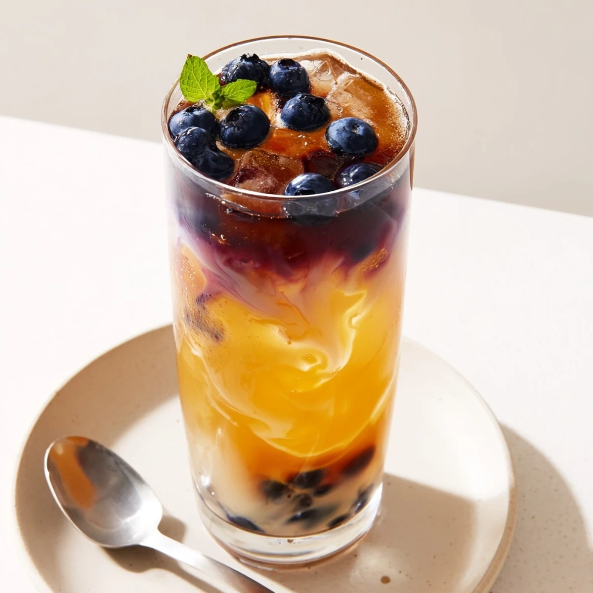 Blueberry Milk Tea Cooler in tall glass with ice, mint garnish