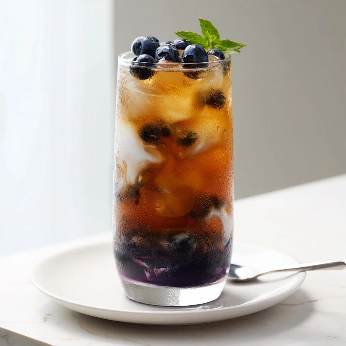 Chilled Blueberry Milk Tea Cooler showing creamy milk swirl and fresh blueberries