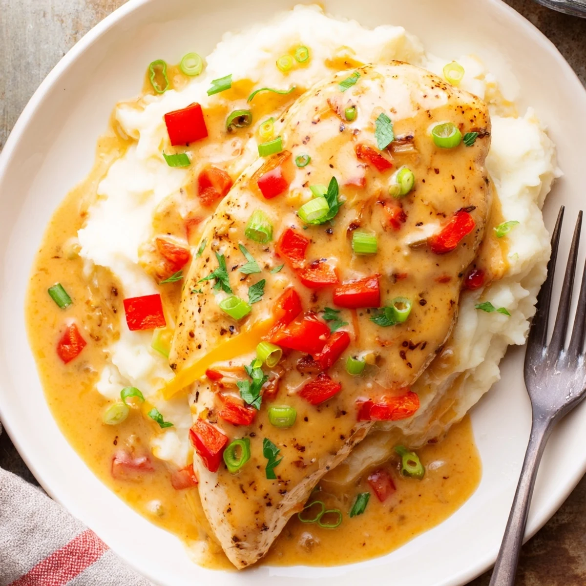 Mississippi Mud Chicken in creamy smoked-paprika sauce, served over buttery mashed potatoes