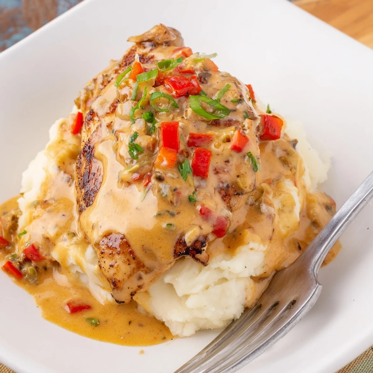 Seared Mississippi Mud Chicken bubbling in tangy cheddar-cream sauce, garnished with parsley