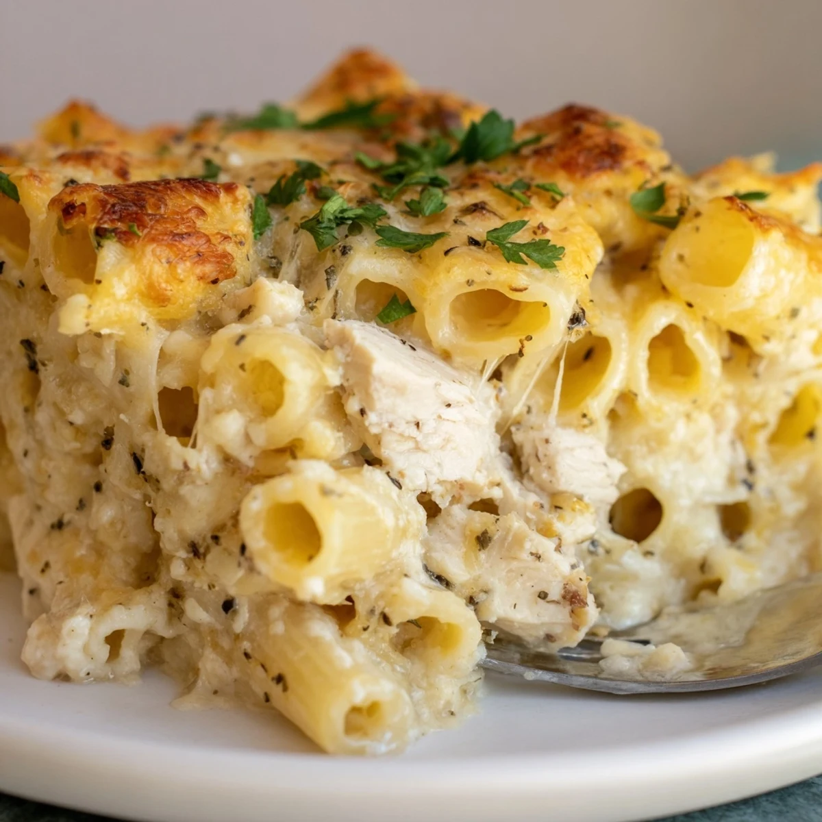 Creamy Chicken Alfredo Bake With Mozzarella Crust bubbling golden, steaming, ready to serve.