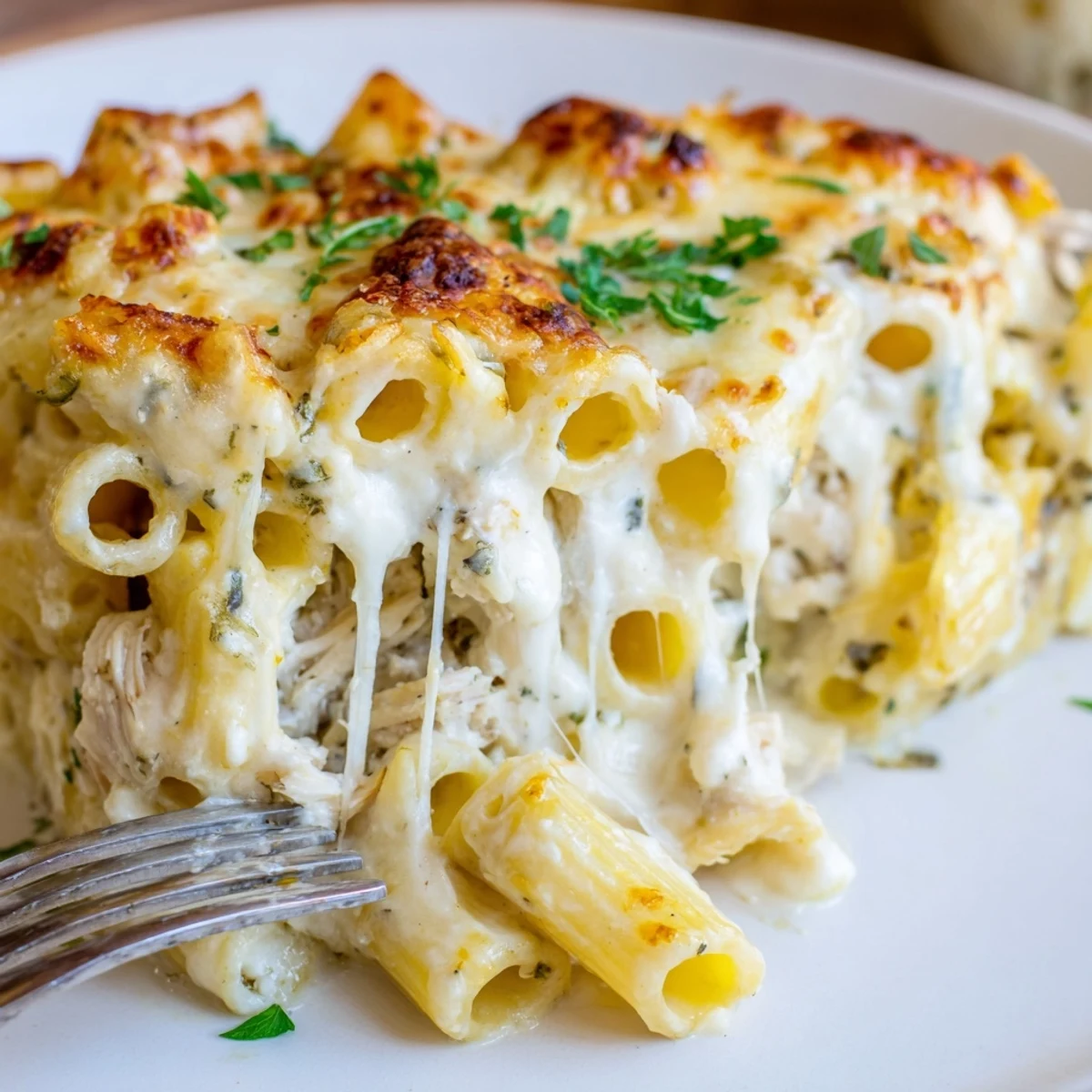 A generous scoop of Creamy Chicken Alfredo Bake With Mozzarella Crust, steaming, parsley-topped.