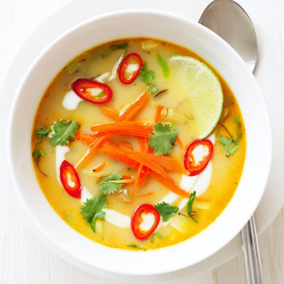 Velvety Ginger Lemongrass Coconut Soup with bright lime and toasted coconut oil