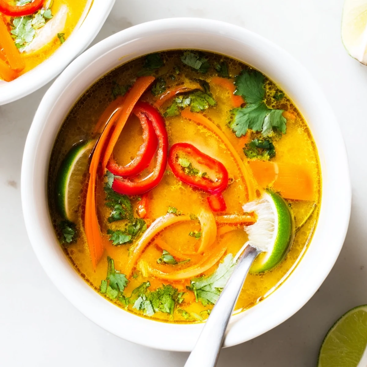 Steaming bowl of Ginger Lemongrass Coconut Soup garnished with cilantro, lime