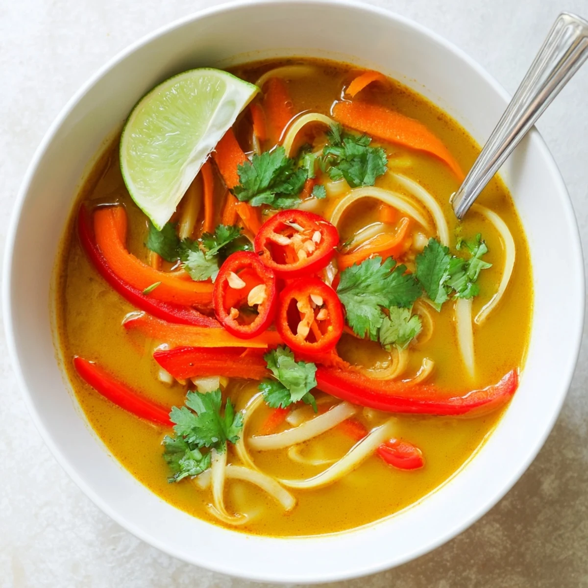 Vibrant Ginger Lemongrass Coconut Soup ladled over rice noodles, optional chili