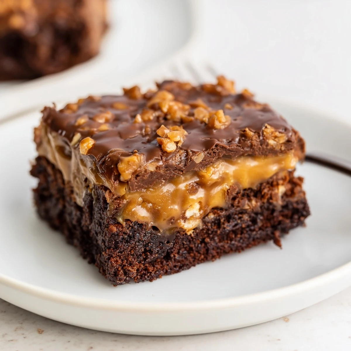 Samoa Brownies with glossy chocolate drizzle and toasted coconut, warm and gooey
