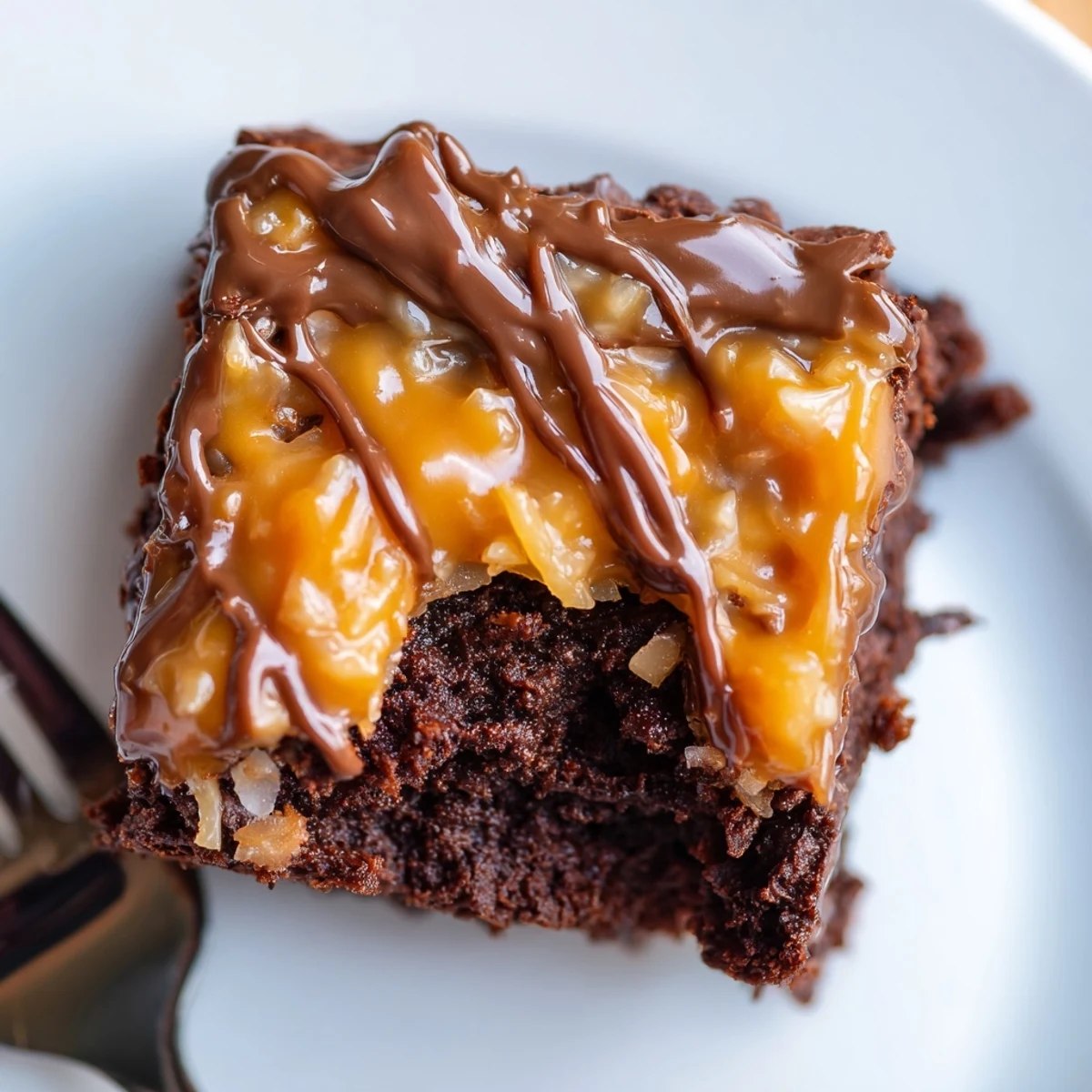 Stacked Samoa Brownies on parchment, sticky caramel oozing, sprinkle of sea salt