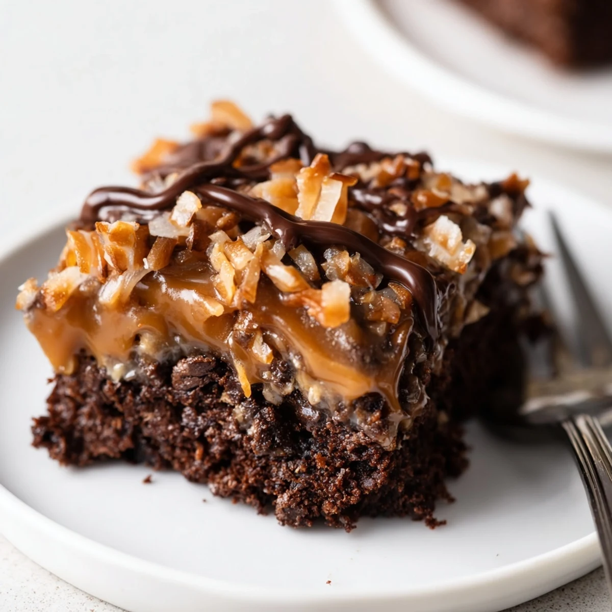 A plate of Samoa Brownies, chewy center, caramel layer and chocolate drizzle