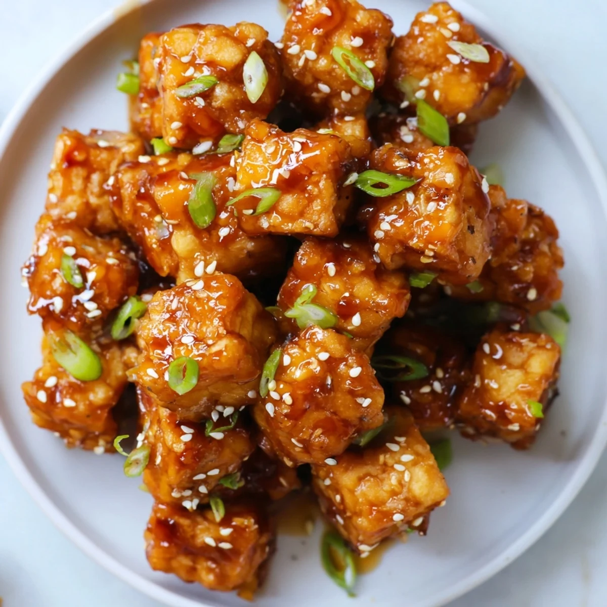 Crispy honey garlic tofu pieces glistening with sweet savory sauce and sesame seed topping