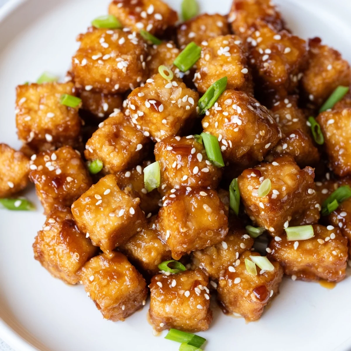 Golden crispy honey garlic tofu cubes coated in sticky sweet glaze with green onions