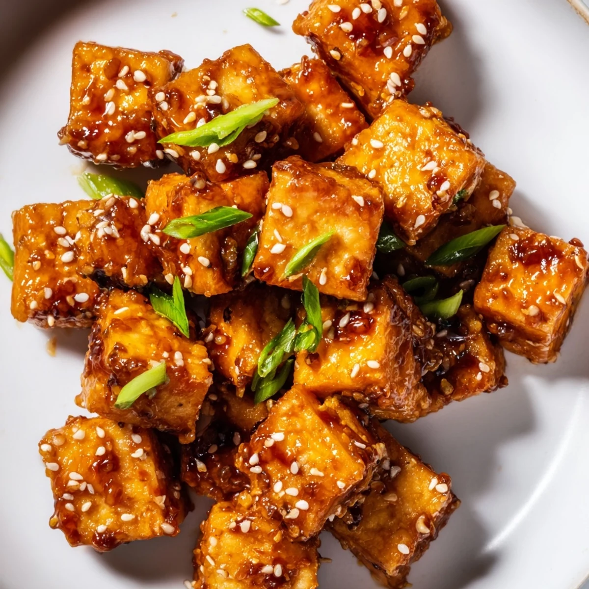 Pan-fried honey garlic tofu in thick sticky glaze served over fluffy white rice bowl