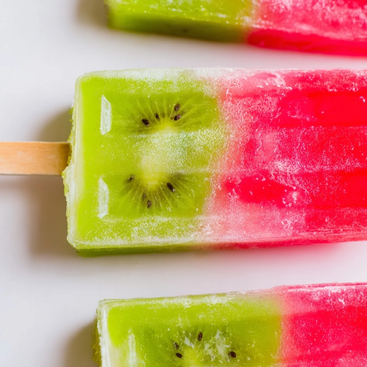 Colorful watermelon kiwi fruit pops featuring vibrant pink and green striped layers in popsicle molds