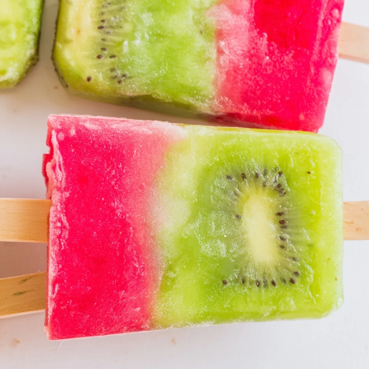 Refreshing frozen watermelon kiwi fruit pops with two-toned fruit layers on a wooden popsicle stick
