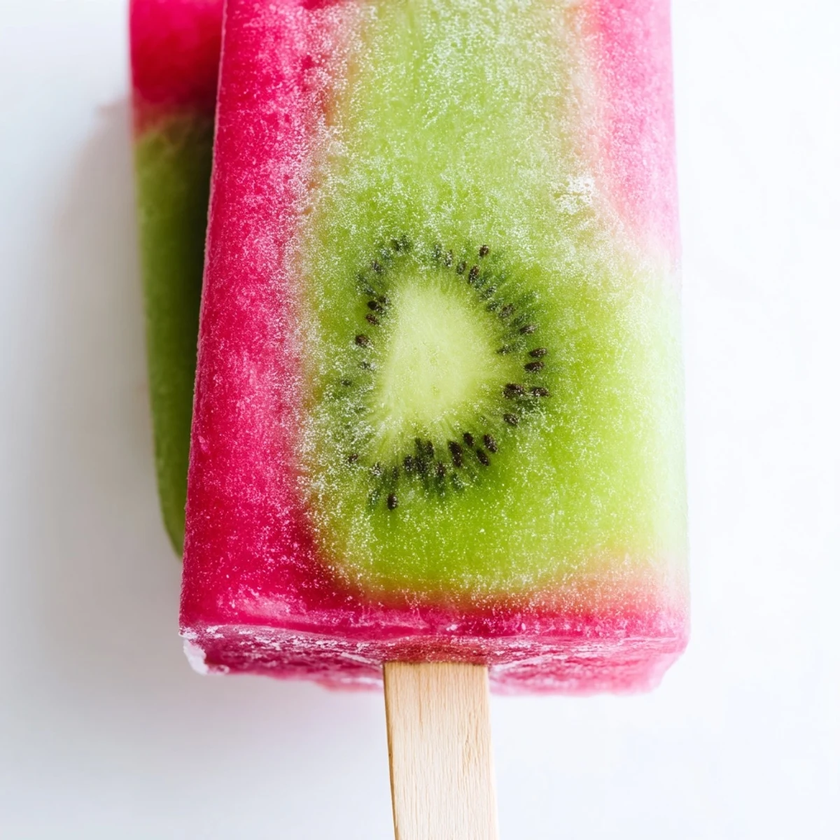 Homemade watermelon kiwi fruit pops showing bright pink bottom layer topped with green kiwi purée
