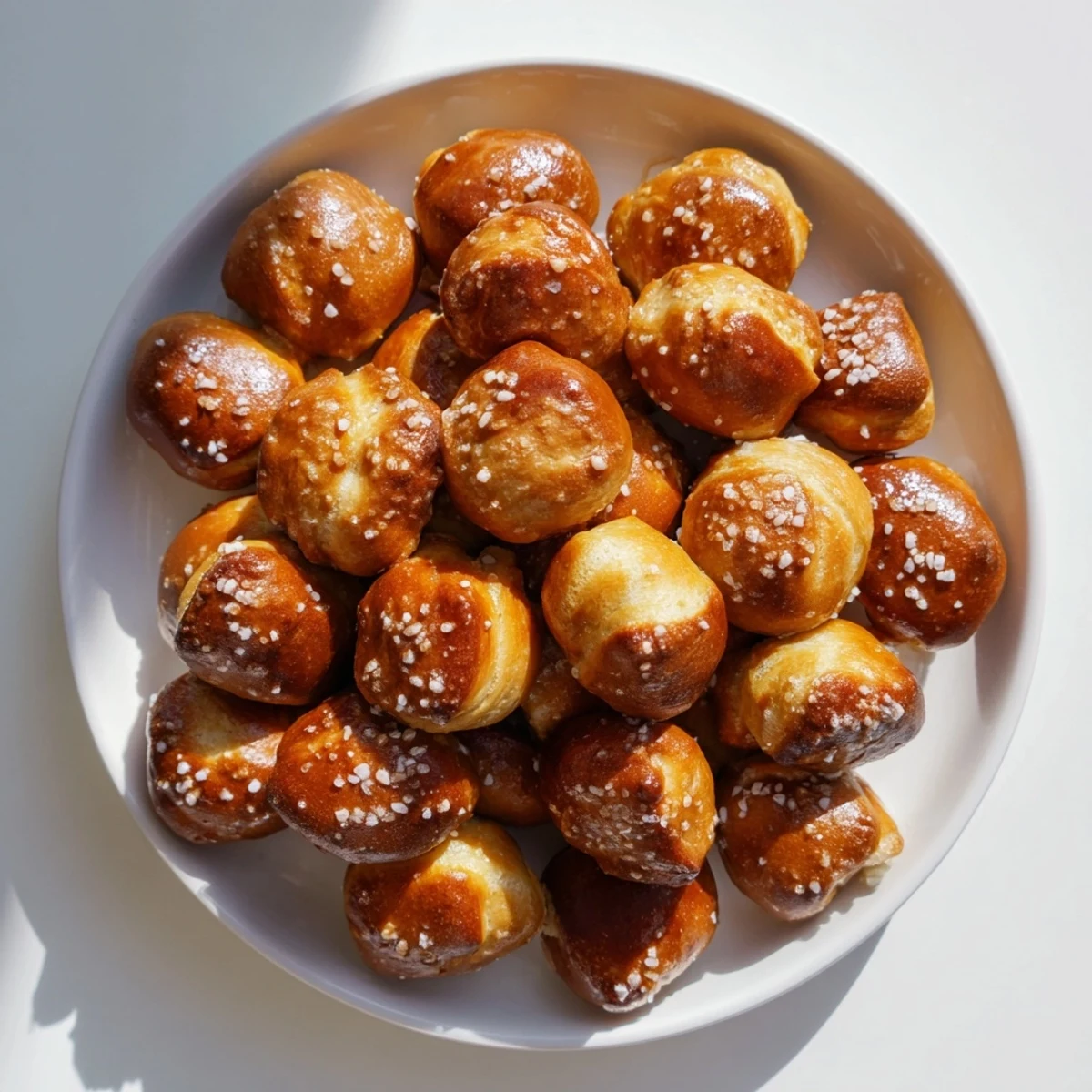 Golden brown homemade soft pretzel bites sprinkled with coarse sea salt on a wooden serving board