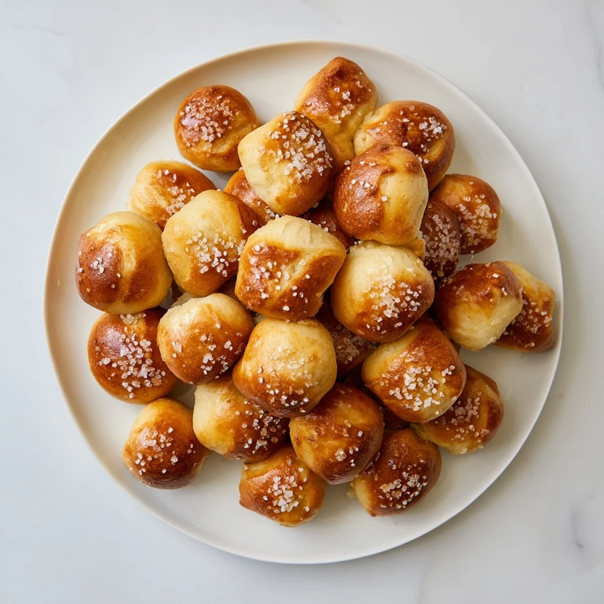 Freshly baked soft pretzel bites with glossy egg wash and salty coating piled high on parchment paper