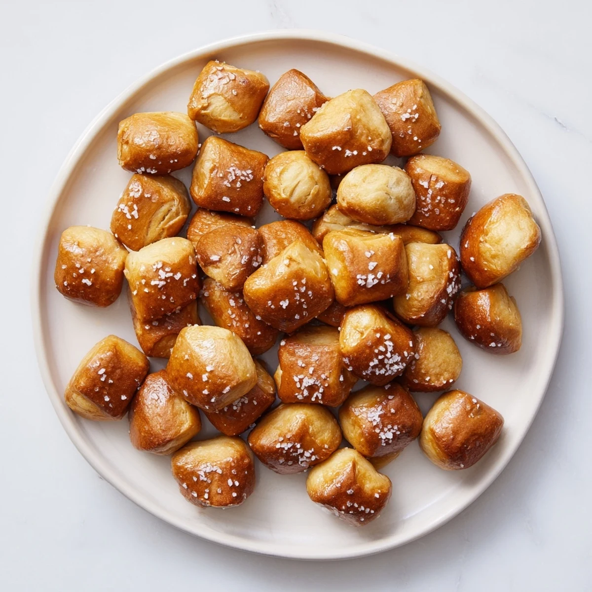 Warm chewy pretzel bites arranged on a platter ready for dipping with mustard or cheese sauce