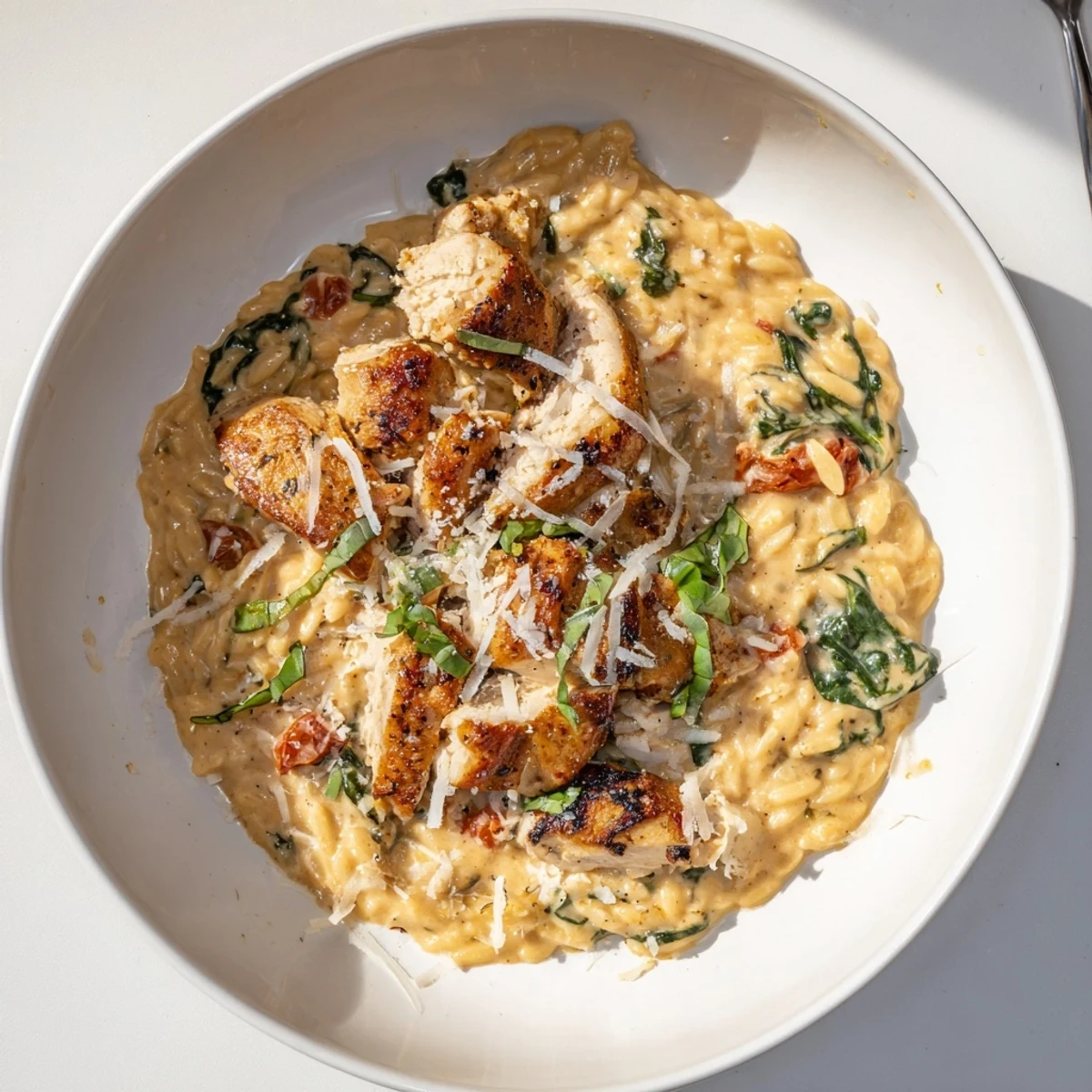 Weeknight dinner bowl featuring tender chicken pieces mixed with rich tomato cream sauce and orzo pasta