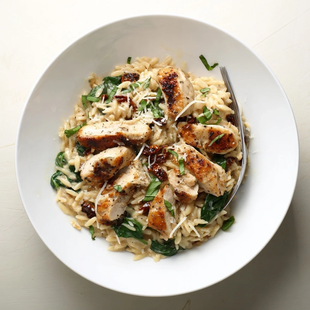 Golden sliced chicken breast resting atop creamy orzo pasta with sundried tomatoes and fresh basil garnish