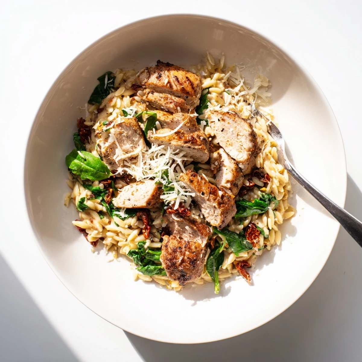 Creamy Marry Me Chicken Orzo in a white bowl topped with grated Parmesan and chopped green basil