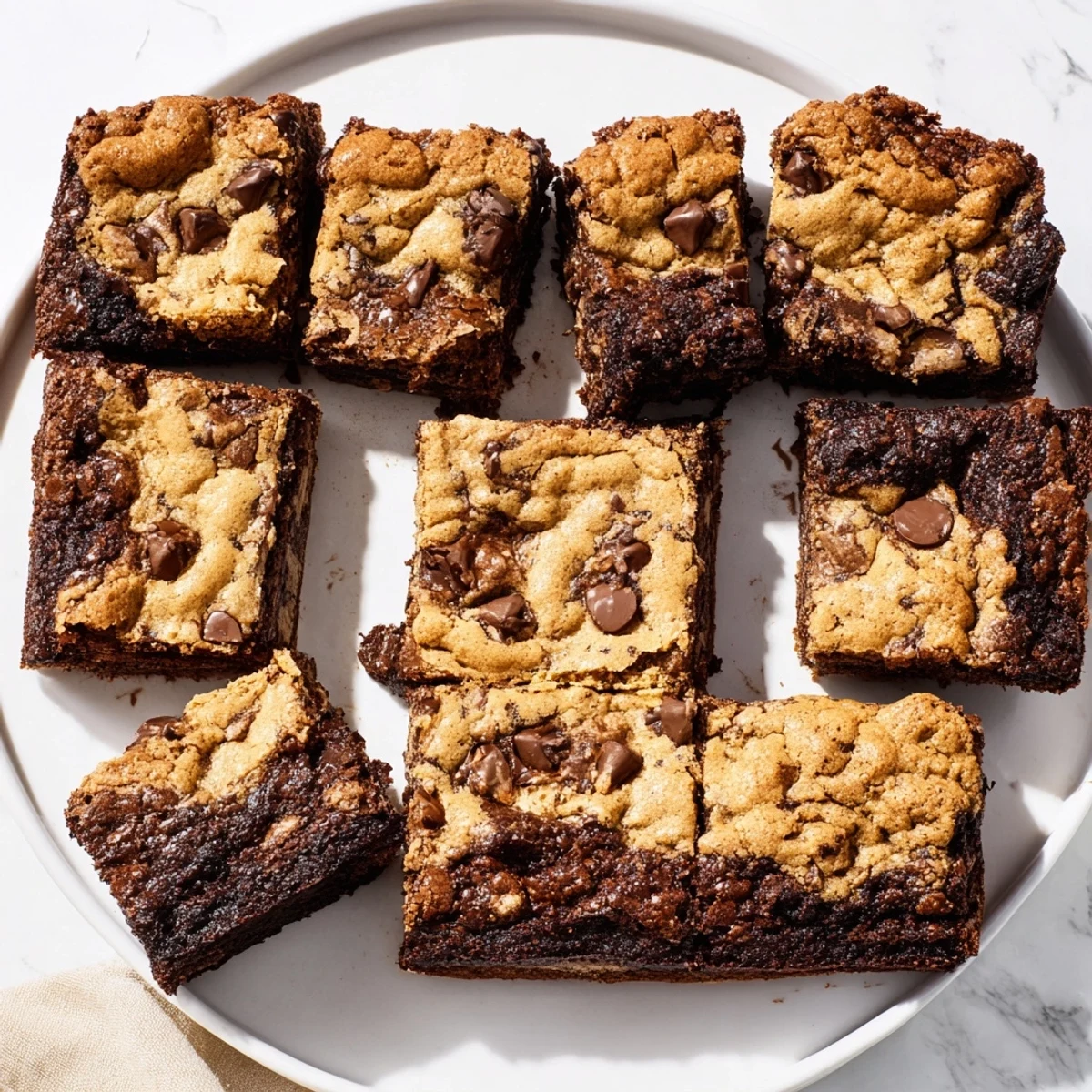 Freshly baked fudgy chewy brookies squares featuring rich chocolate brownie and cookie chip layers