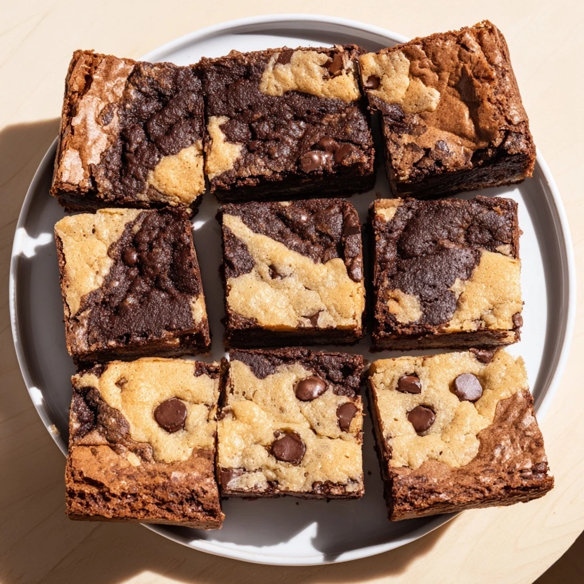 Golden fudgy chewy brookies bars with melted chocolate chips on a marble serving board
