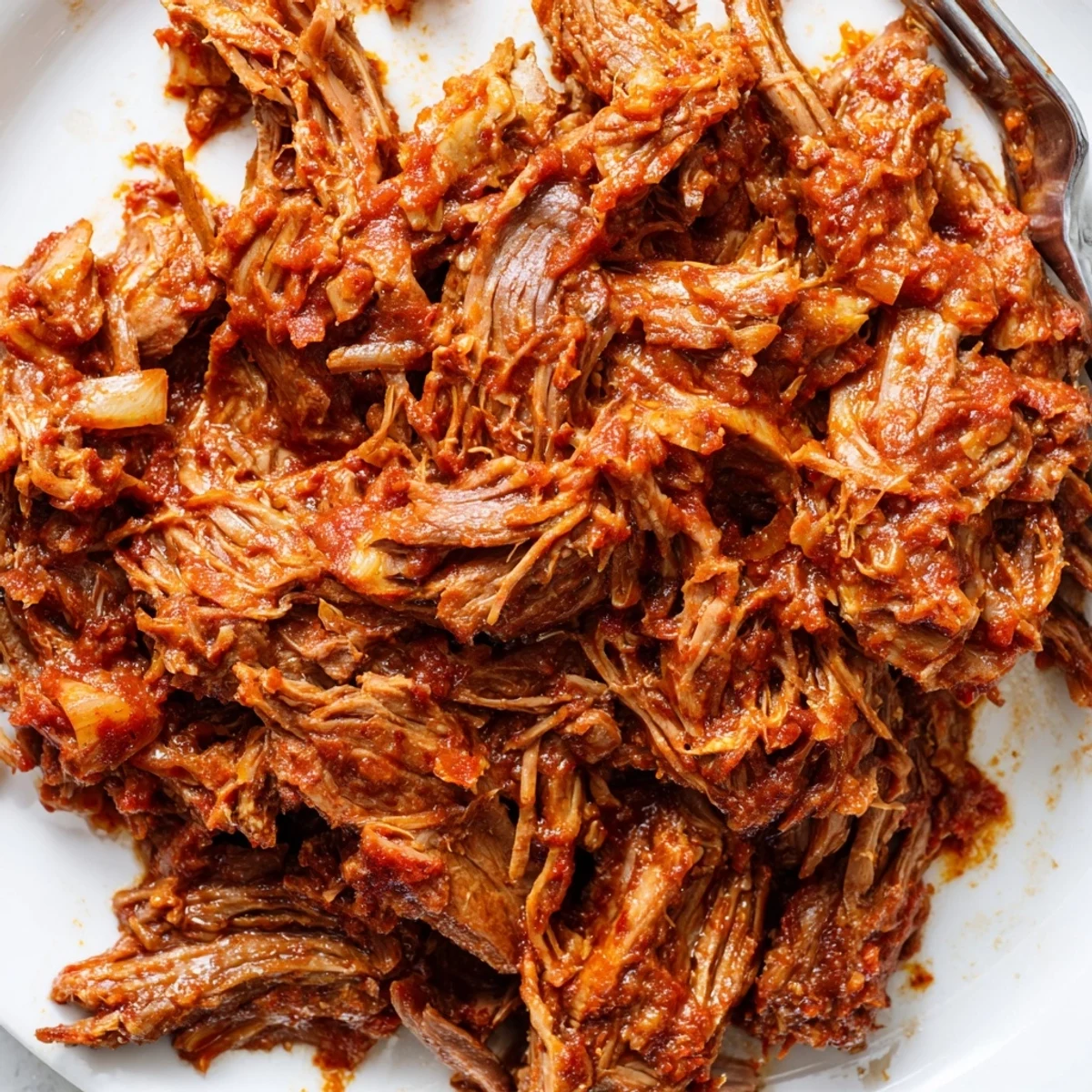 Tender slow cooker beef barbacoa shredded and piled high in a serving bowl