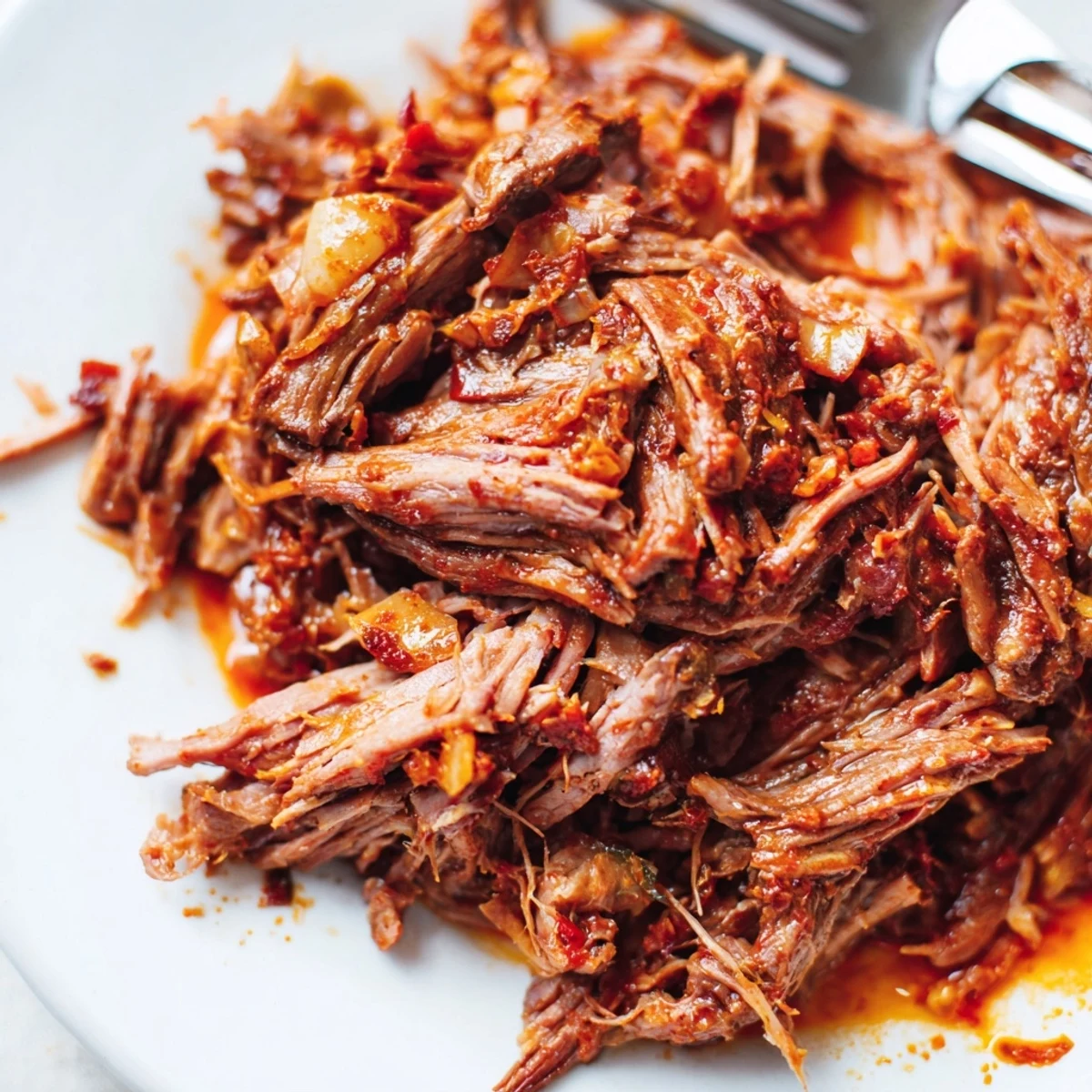 Flavorful slow cooker beef barbacoa steaming in a crockpot with shredded meat visible