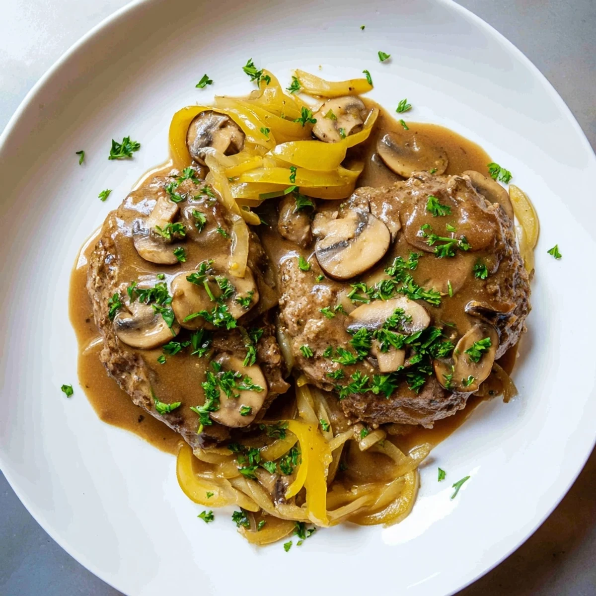Fork-tender smothered cube steak plated with thick savory brown gravy and fresh parsley garnish