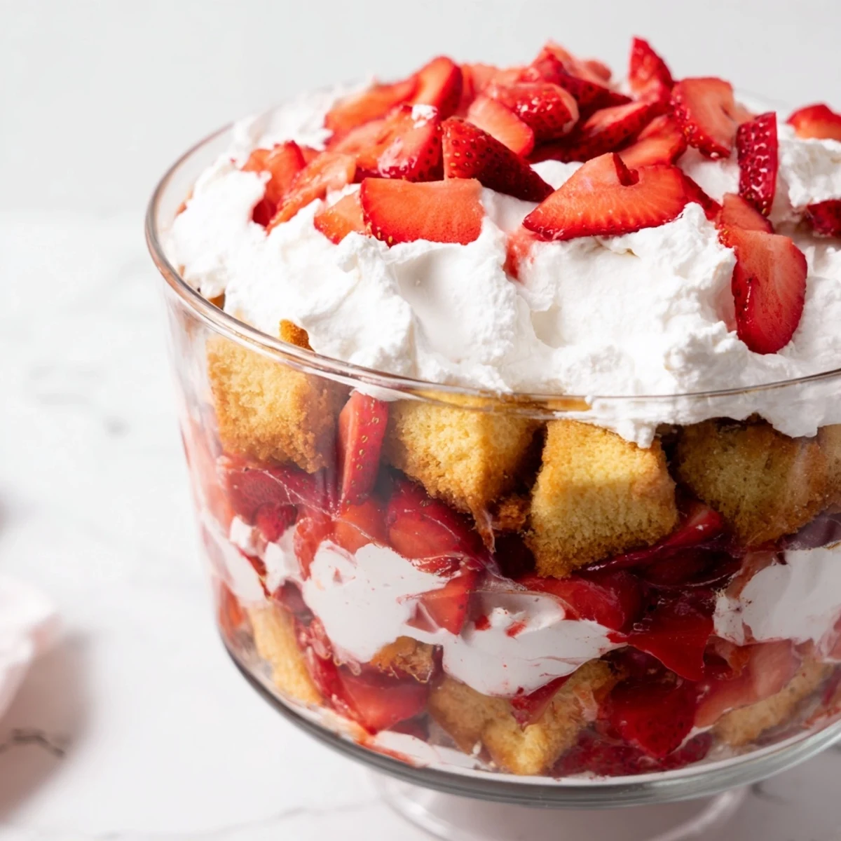 Layered strawberry shortcake trifles featuring golden cake cubes, macerated berries, and fluffy whipped cream in clear glasses