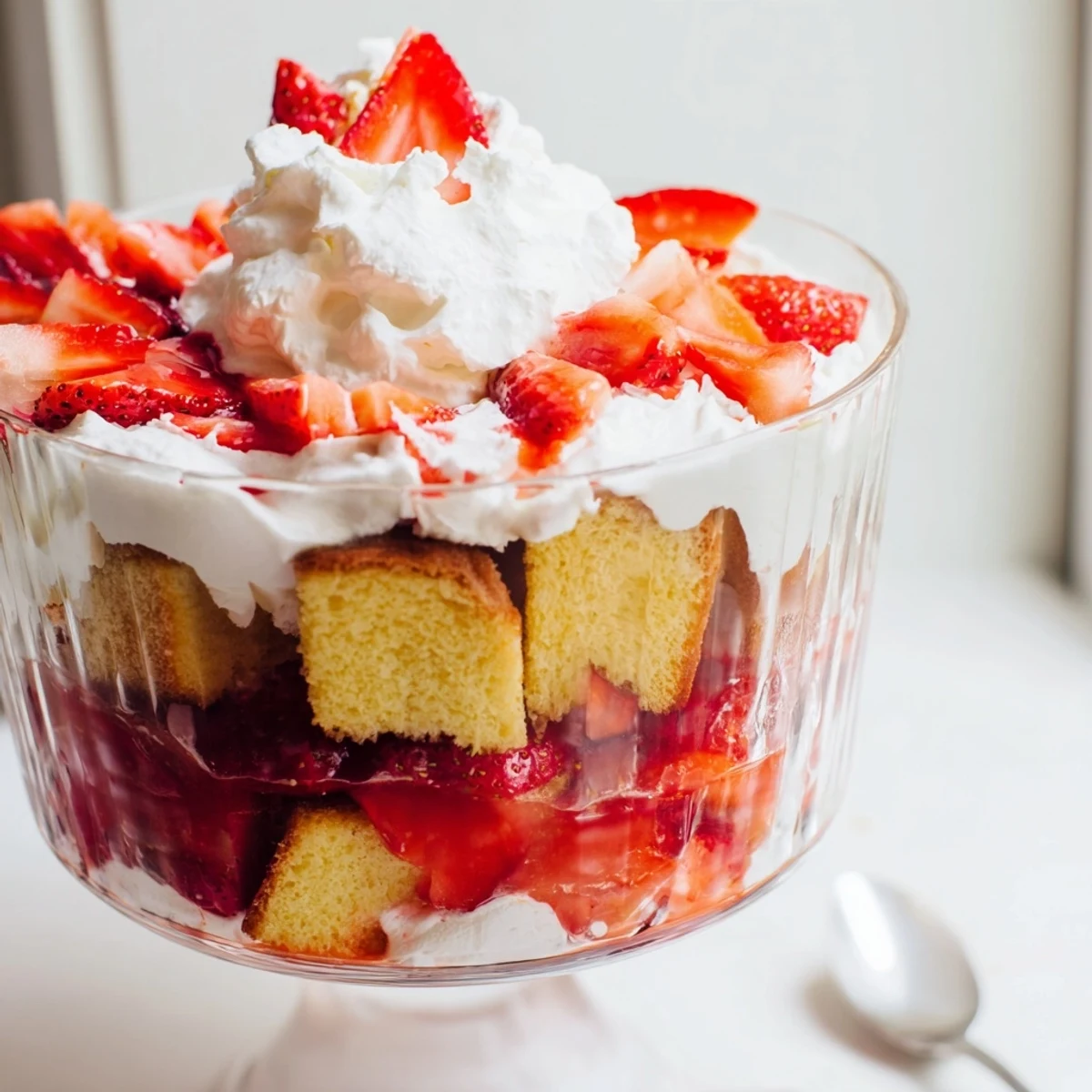 Individual strawberry shortcake trifle glasses showcasing tender shortcake, juicy red strawberries, and billowy vanilla cream