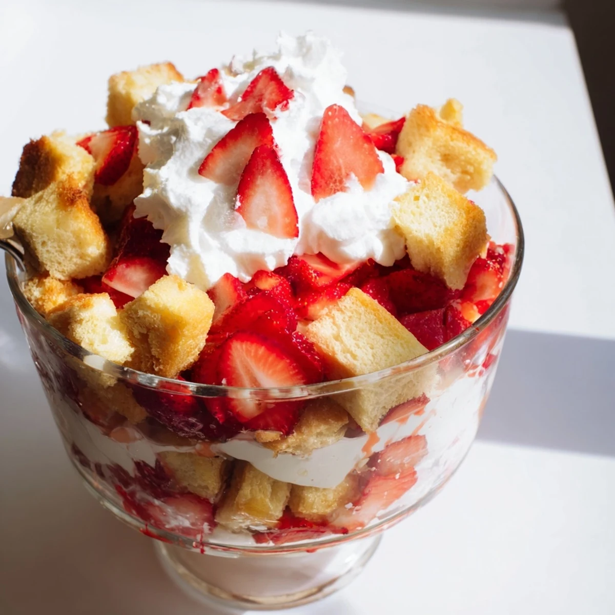 Elegant strawberry shortcake trifles with freshly baked cake, sweet strawberries, and peaks of whipped cream topped with fruit