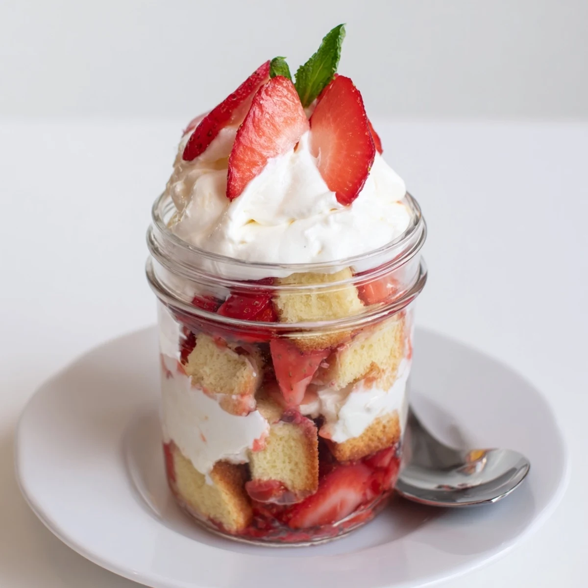 Strawberry Shortcake Trifles with glossy macerated berries and airy whipped cream.