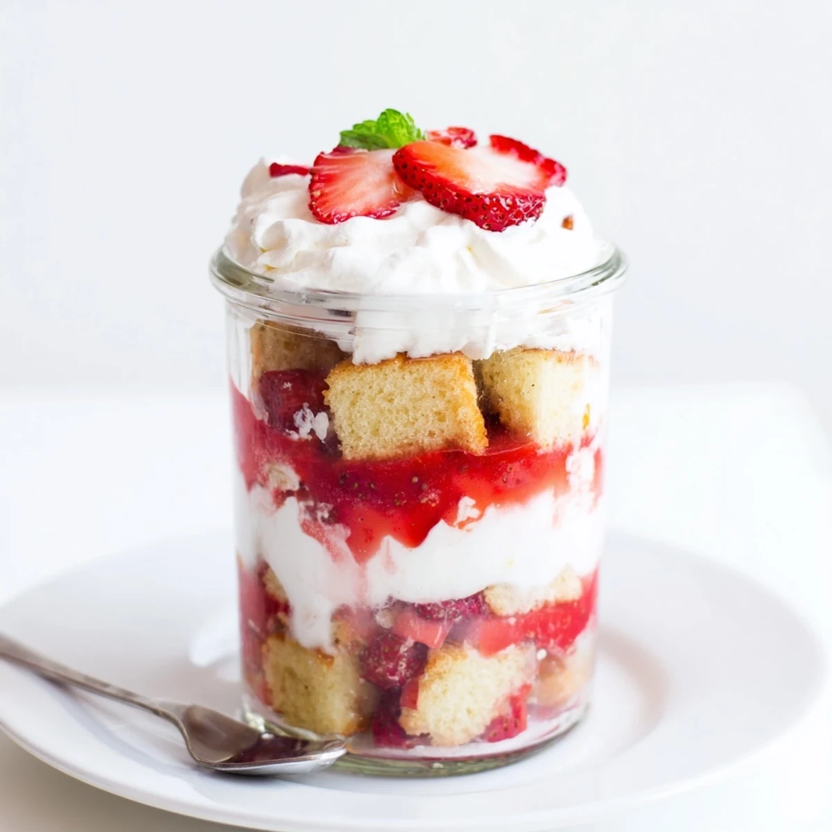 Individual Strawberry Shortcake Trifles layered with golden shortcake pieces, sweet juices.