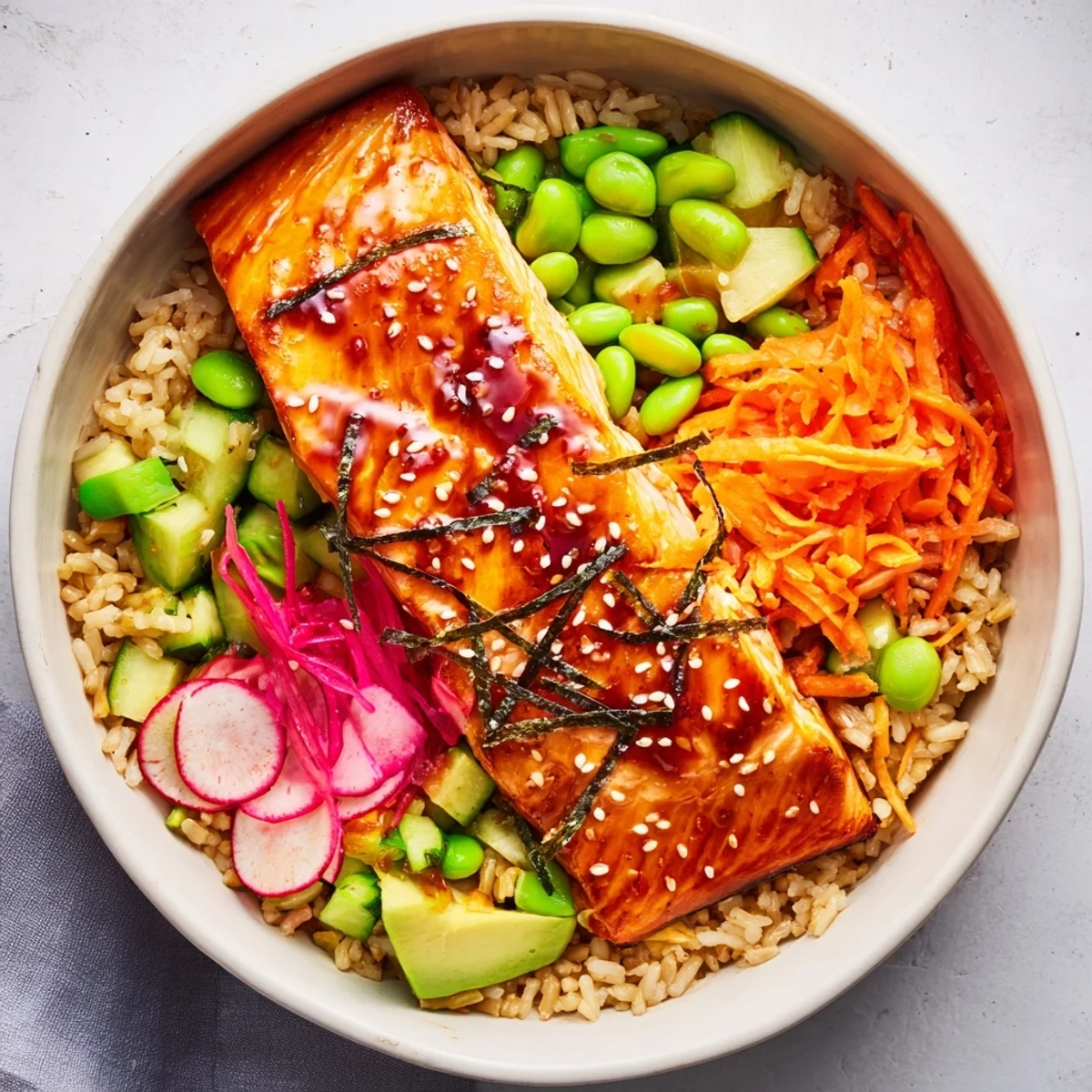 Caramelized miso salmon grain bowl topped with fresh avocado and crunchy vegetables