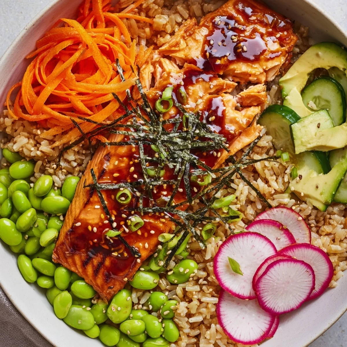 Golden miso salmon grain bowl drizzled with dressing beside vibrant edamame and radishes