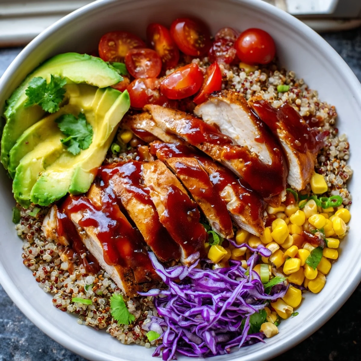 Smoky barbecue chicken grain bowl topped with fresh avocado and colorful vegetables
