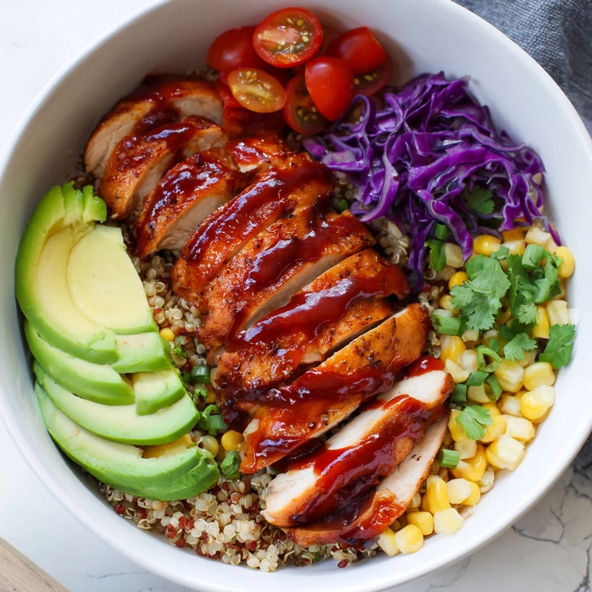 Barbecue chicken grain bowl with grilled corn, shredded cabbage, and cherry tomatoes